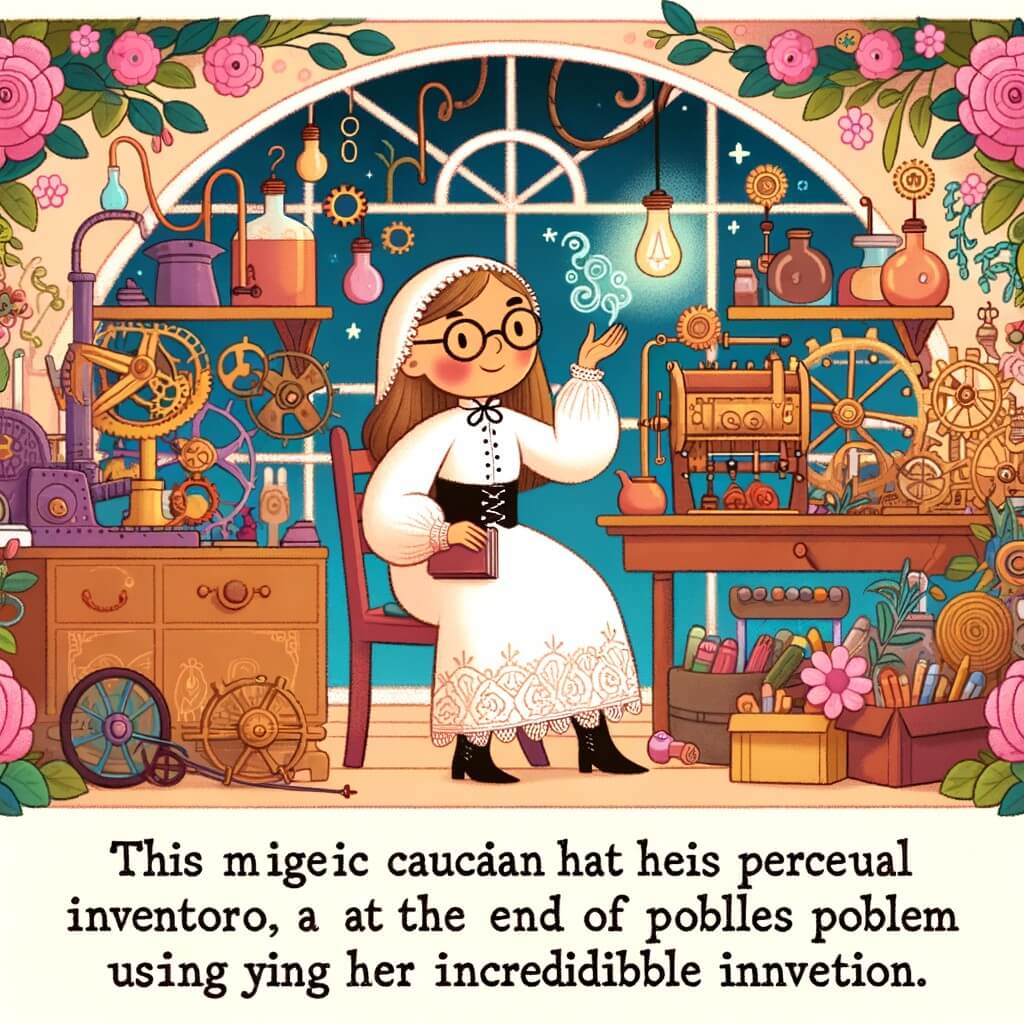 Une illustration destinée aux enfants représentant une femme inventrice farfelue, entourée de ses créations étranges, dans son atelier magique situé au fond d'un jardin fleuri, où elle résout des problèmes avec l'aide de son invention incroyable.