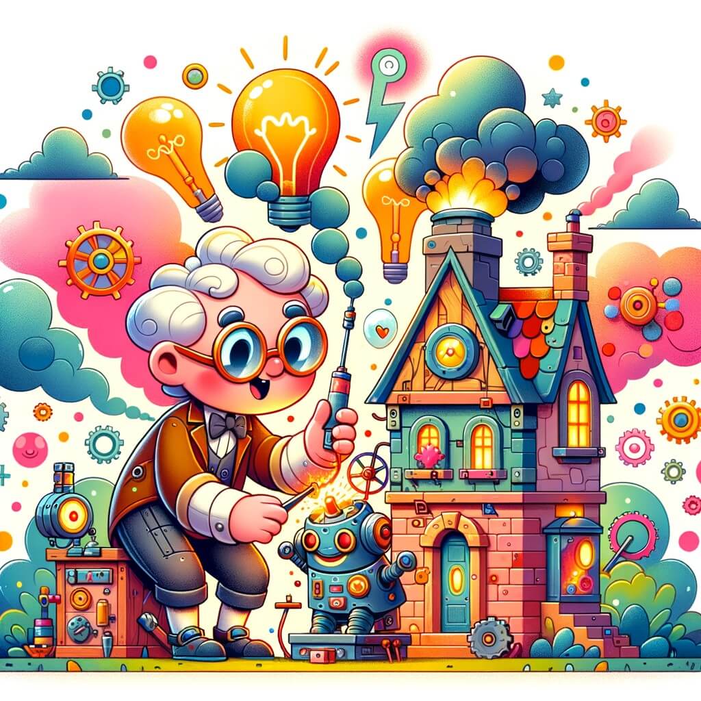 Une illustration destinée aux enfants représentant un inventeur farfelu, dans un petit village pittoresque, travaillant sur une machine étrange, avec l'aide d'un petit robot curieux et plein d'énergie, au milieu d'une explosion de couleurs vives et de nuages de fumée joyeux.