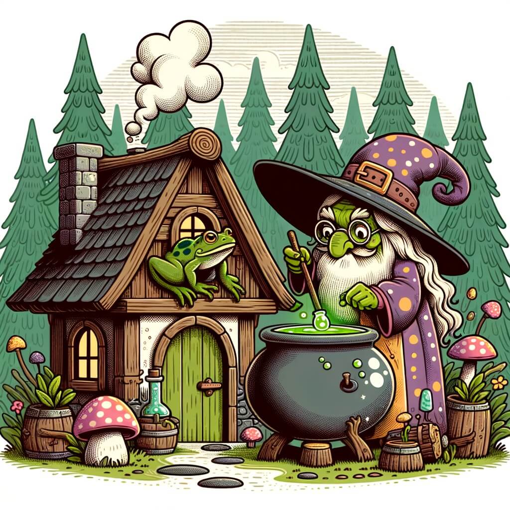 Une illustration destinée aux enfants représentant une sorcière excentrique, préparant une potion magique avec l'aide d'une grenouille géante, dans une petite maison en forme de champignon au cœur d'une forêt enchantée.