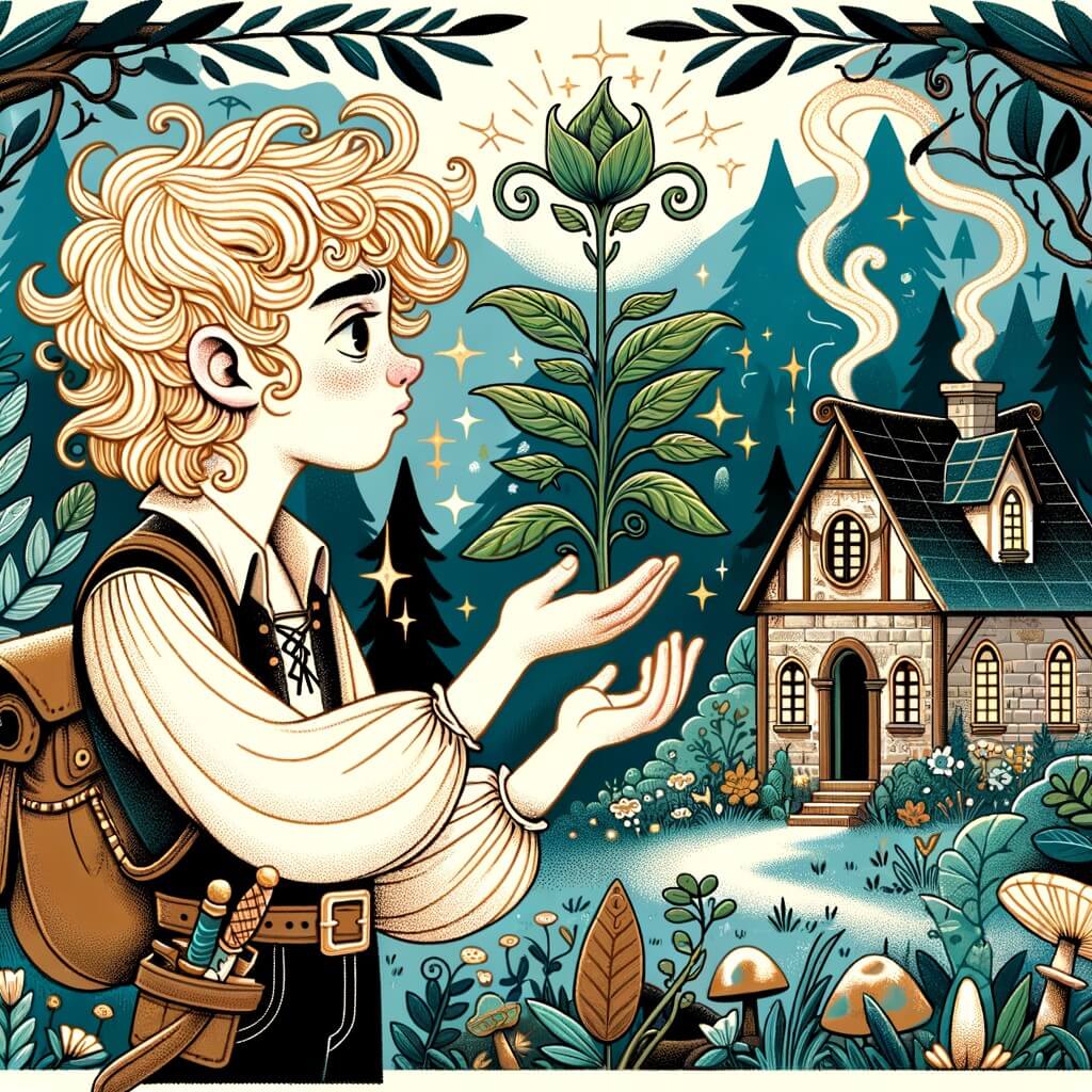 Une illustration destinée aux enfants représentant une apprentie sorcière aux boucles d'or, se retrouvant face à une plante magique qui grandit jusqu'à la taille d'un arbre, avec en arrière-plan une petite maisonnette au cœur d'une forêt enchantée.