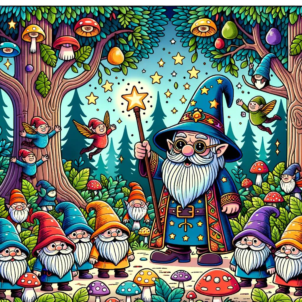 Une illustration pour enfants représentant un sorcier farfelu qui crée une potion magique pour décupler le pouvoir de ses blagues, provoquant le chaos dans tout le royaume fantastique où il vit.