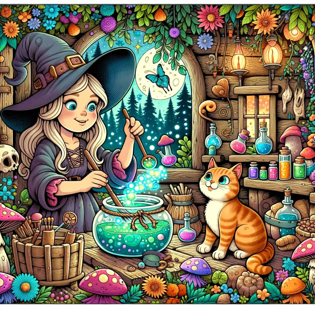 Une illustration destinée aux enfants représentant une sorcière malicieuse, concoctant une potion magique avec l'aide d'un chat parlant, dans une cabane rustique nichée au cœur d'une forêt enchantée remplie de fleurs lumineuses et de champignons colorés.