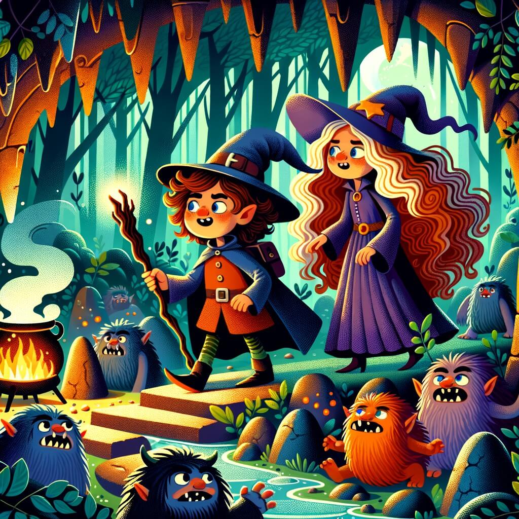 Une illustration pour enfants représentant un jeune sorcier en quête de la fleur rare dans une forêt fantastique.