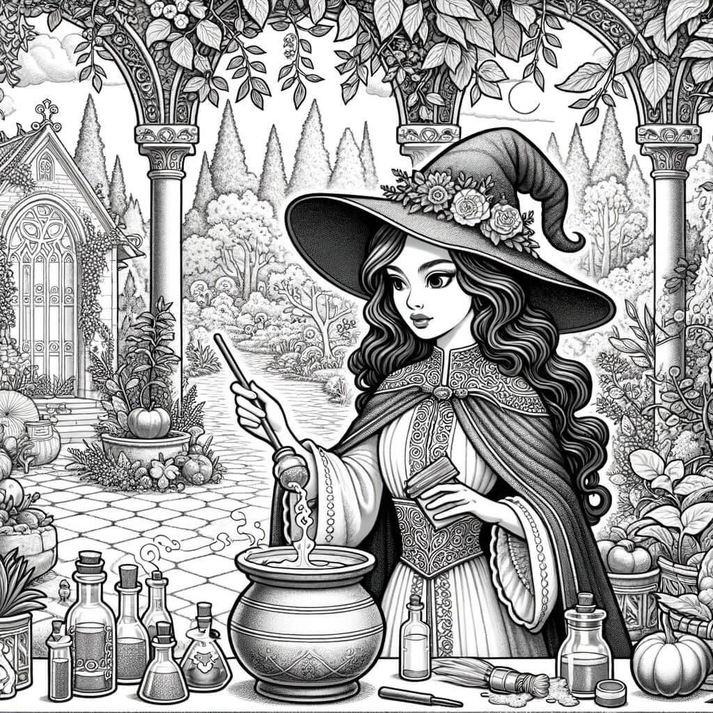 Une illustration pour enfants représentant une apprentie sorcière en train de concocter des potions magiques dans son jardin enchanté.