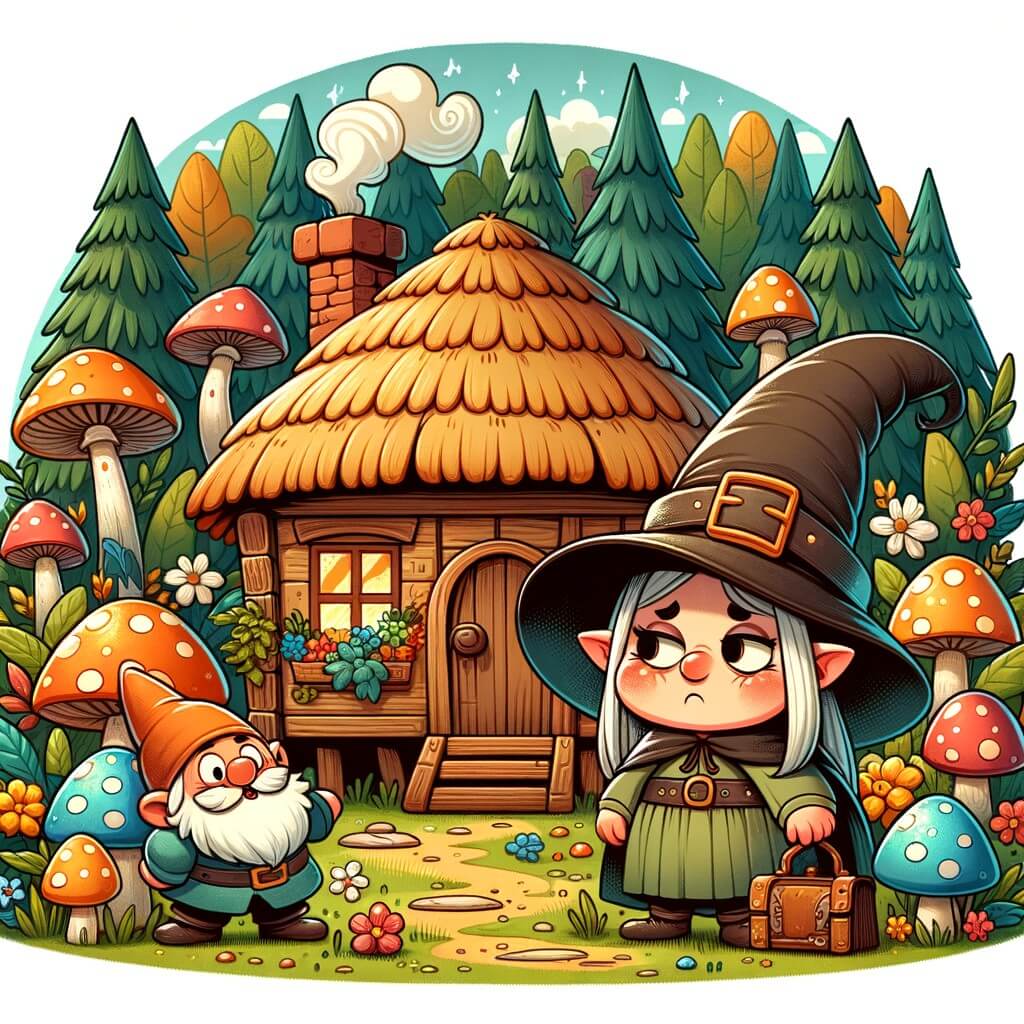 Une illustration destinée aux enfants représentant une sorcière maladroite vivant dans une petite hutte en pleine forêt, accompagnée d'un lutin farceur, dans un royaume enchanté rempli de champignons colorés et de créatures magiques.