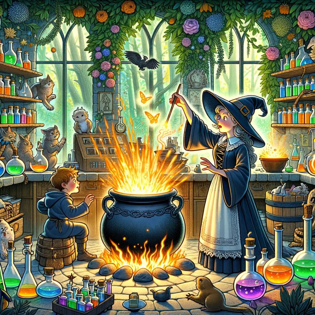 Une illustration destinée aux enfants représentant une sorcière novice, confrontée à une potion qui a explosé, accompagnée de son ami sorcier, dans un laboratoire rempli de chaudrons bouillonnants et d'étagères remplies de fioles colorées, situé au cœur d'une forêt enchantée, entouré d'arbres majestueux, de fleurs lumineuses et d'animaux curieux.