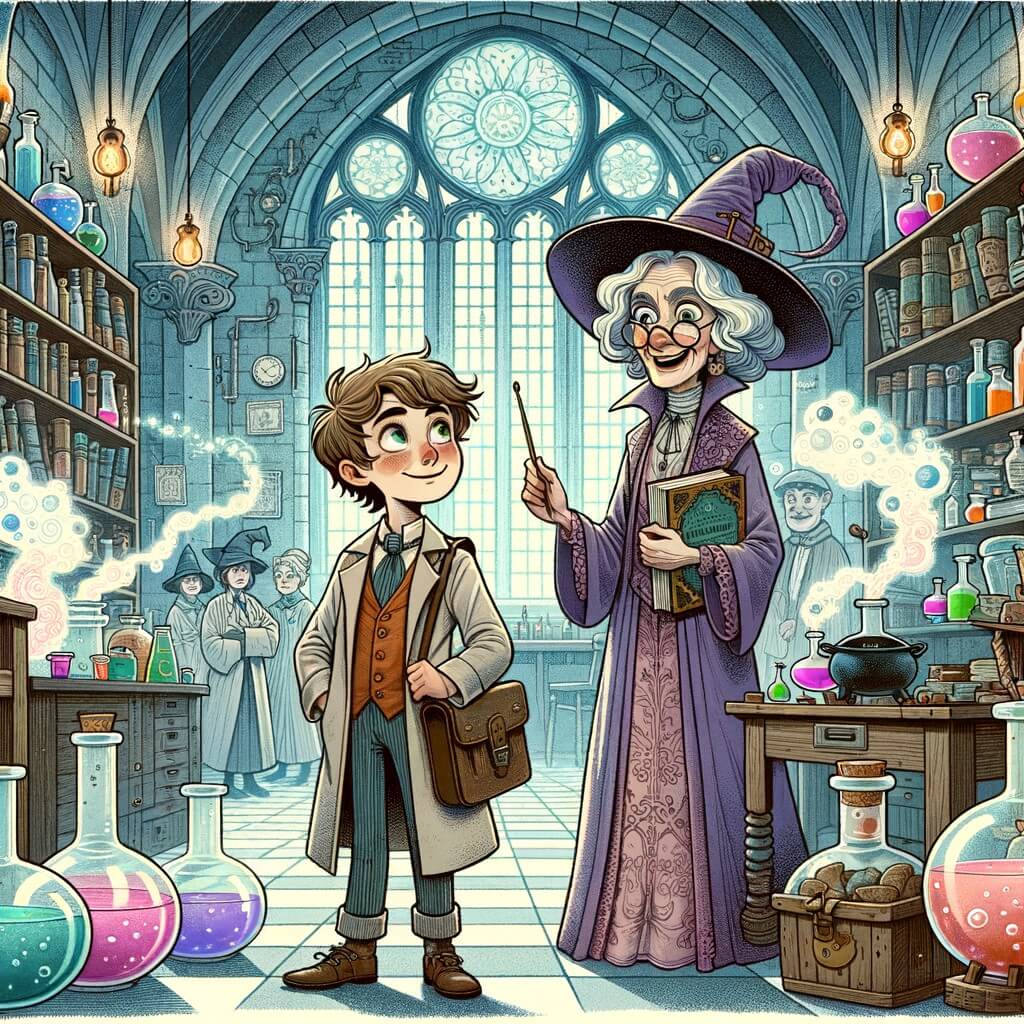 Une illustration pour enfants représentant un jeune apprenti sorcier curieux et plein d'imagination, découvrant les secrets de la magie à l'école de magie, dans une atmosphère ensorcelante et amusante.