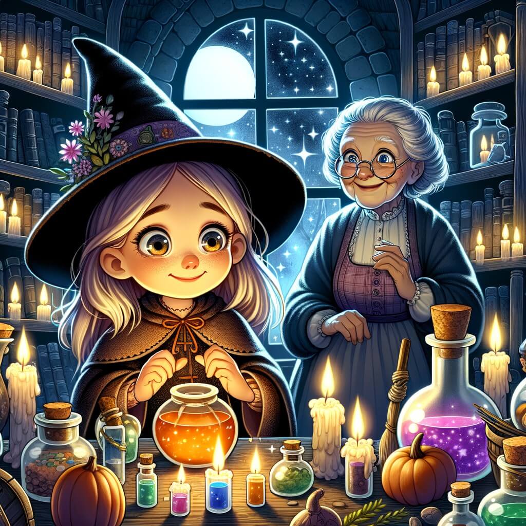 Une illustration pour enfants représentant une petite fille en costume de sorcière qui découvre un livre magique dans la forêt et se retrouve transportée dans un monde ensorcelant rempli de potions mystérieuses et de sorts magiques.