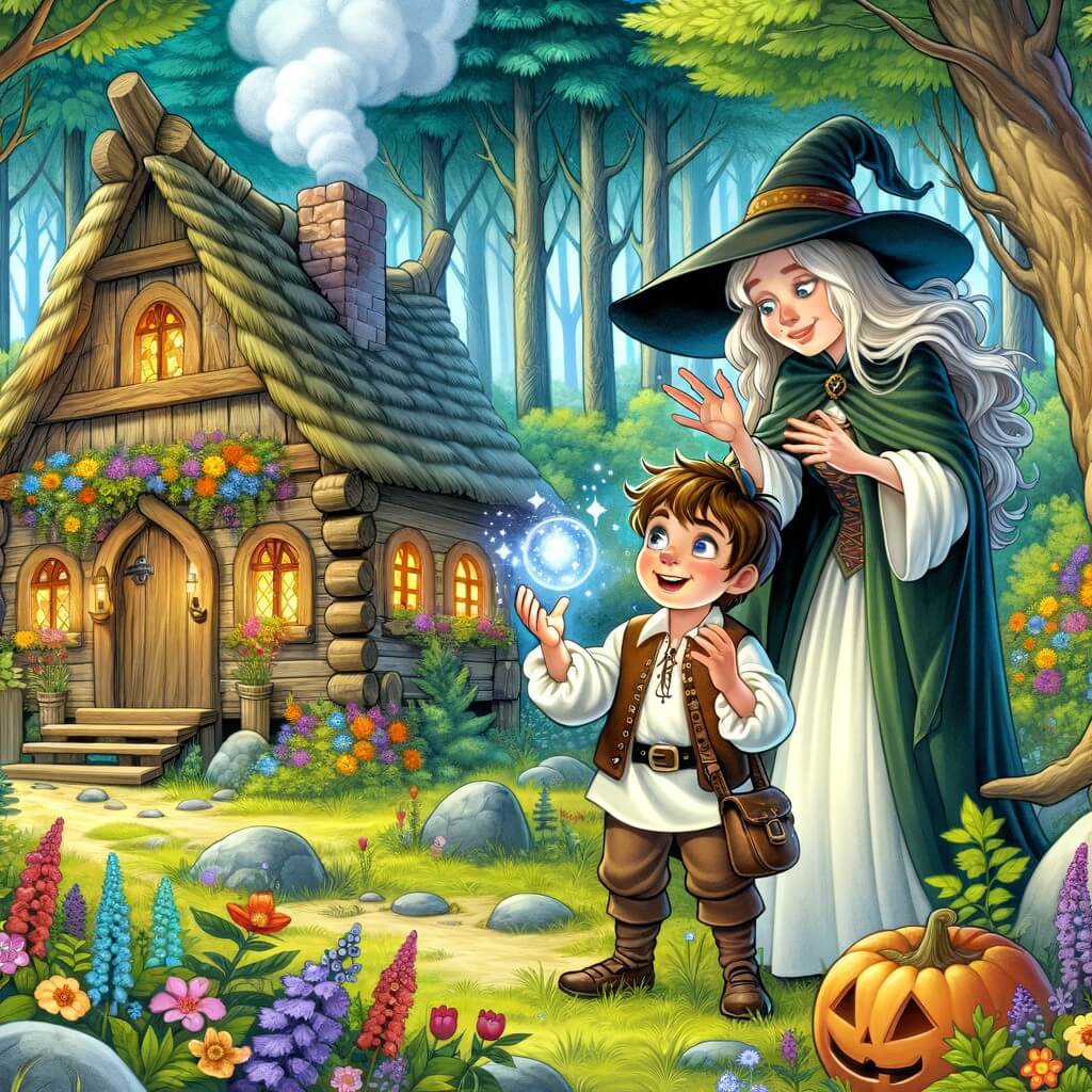 Une illustration destinée aux enfants représentant un jeune apprenti sorcier émerveillé par la découverte de la magie, accompagné d'une sorcière bienveillante, dans une petite maison en bois au cœur d'une forêt enchantée, entourée d'arbres majestueux et de fleurs colorées.