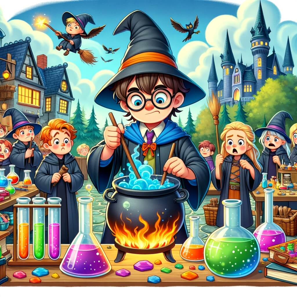 Une illustration pour enfants représentant un sorcier maladroit qui crée par accident une potion magique ensorcelante et amusante, dans son laboratoire.
