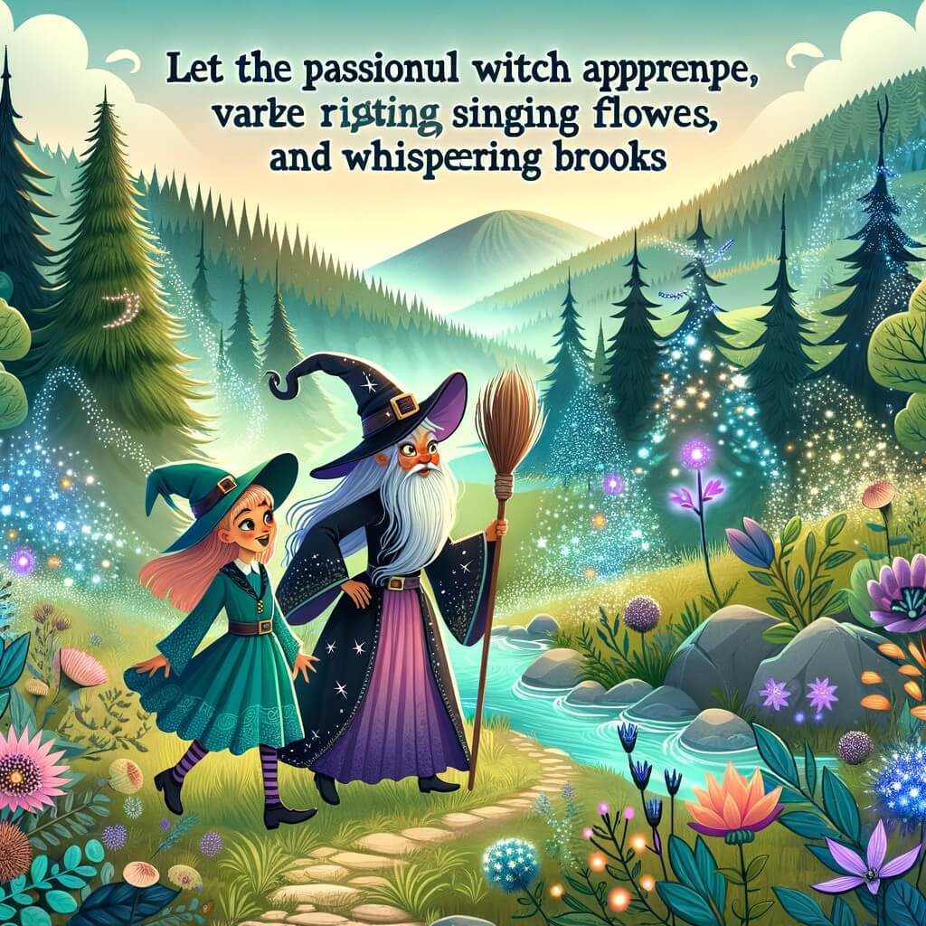 Une illustration destinée aux enfants représentant une apprentie sorcière passionnée, accompagnée d'une vieille sorcière farfelue, explorant une vallée enchantée aux arbres scintillants, aux fleurs chantantes et aux ruisseaux murmureurs.