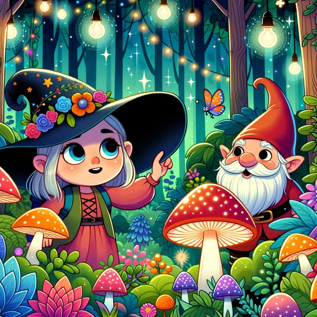 Une illustration destinée aux enfants représentant une apprentie sorcière pleine de curiosité, accompagnée d'un lutin farceur, explorant une forêt enchantée remplie de champignons lumineux et de plantes aux couleurs éclatantes.