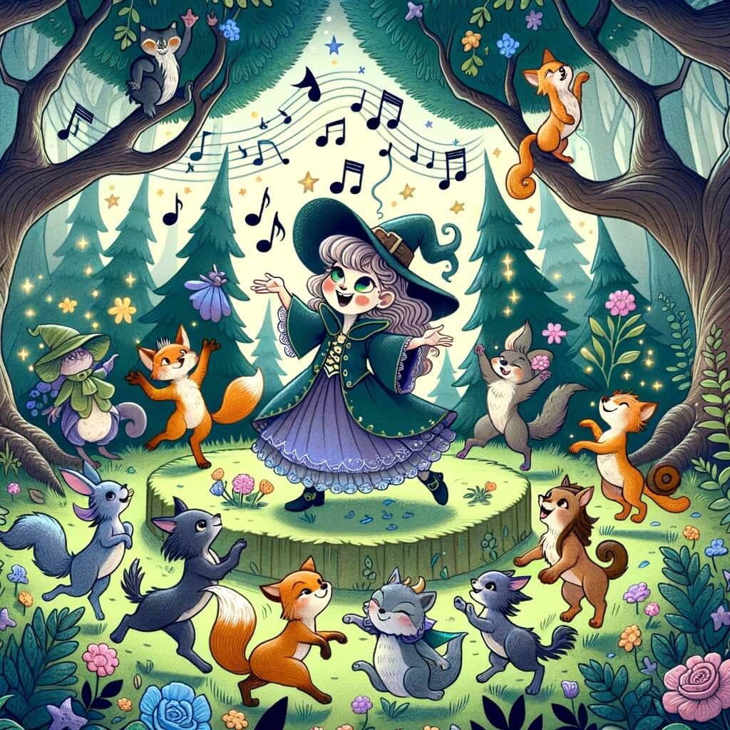 Une illustration destinée aux enfants représentant une apprentie sorcière espiègle, entourée d'animaux enchantés, dans une forêt magique aux arbres dansants et aux fleurs chantantes.