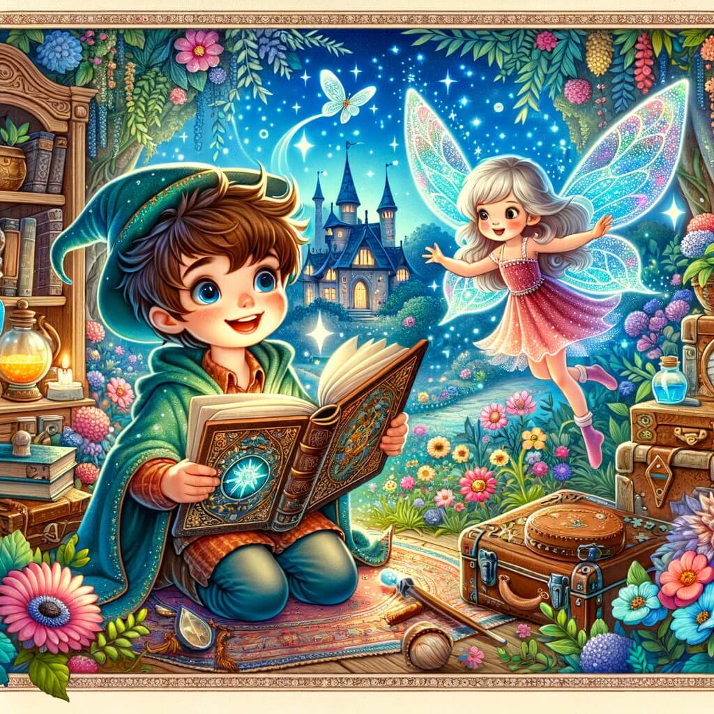 Une illustration pour enfants représentant un jeune apprenti sorcier découvrant un livre de magie dans le grenier de sa grand-mère et se lançant dans une aventure magique dans son jardin.