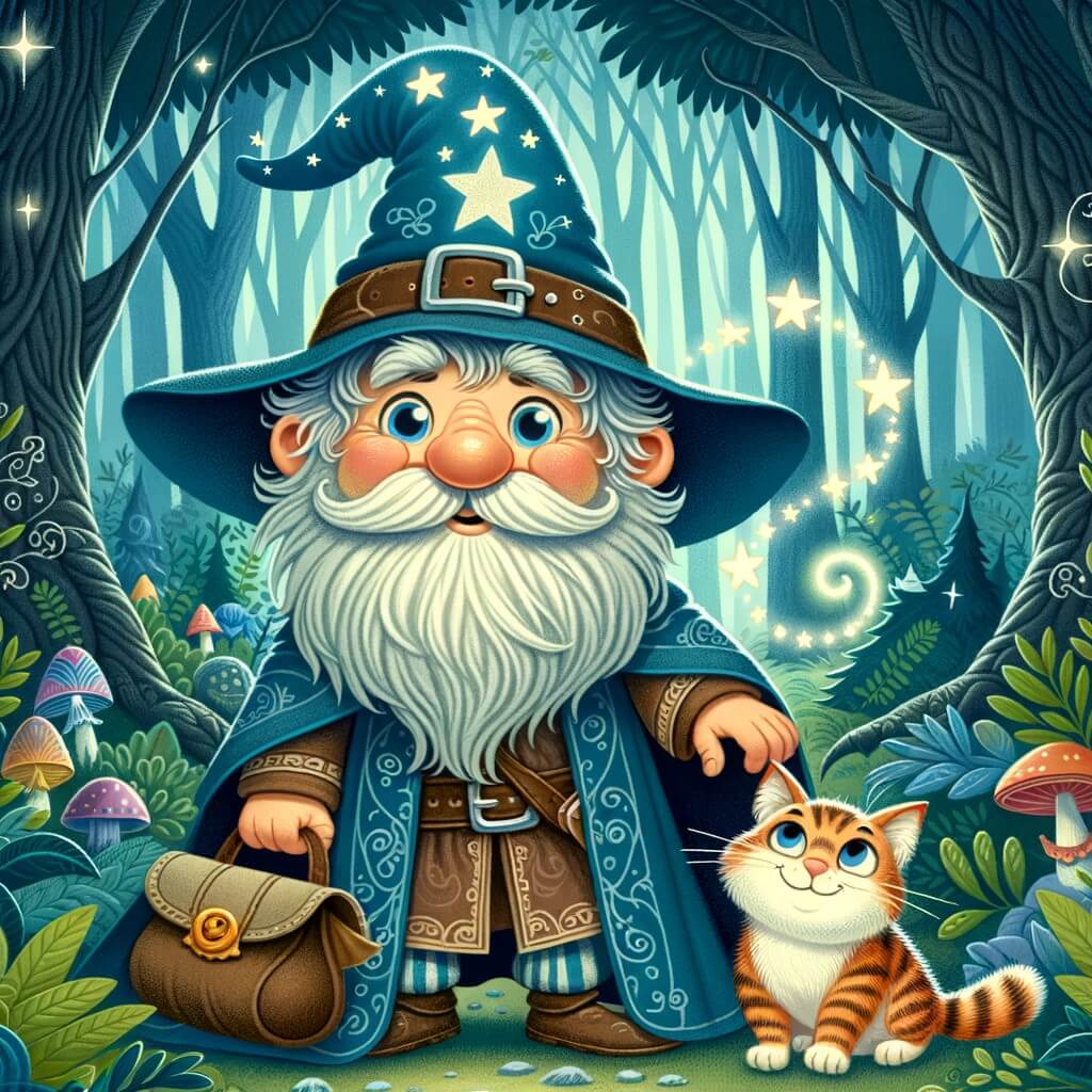 Une illustration destinée aux enfants représentant un sorcier maladroit et sympathique, accompagné d'un chat magique, dans une forêt dense et mystérieuse, où ils vivent des aventures ensorcelantes et amusantes.