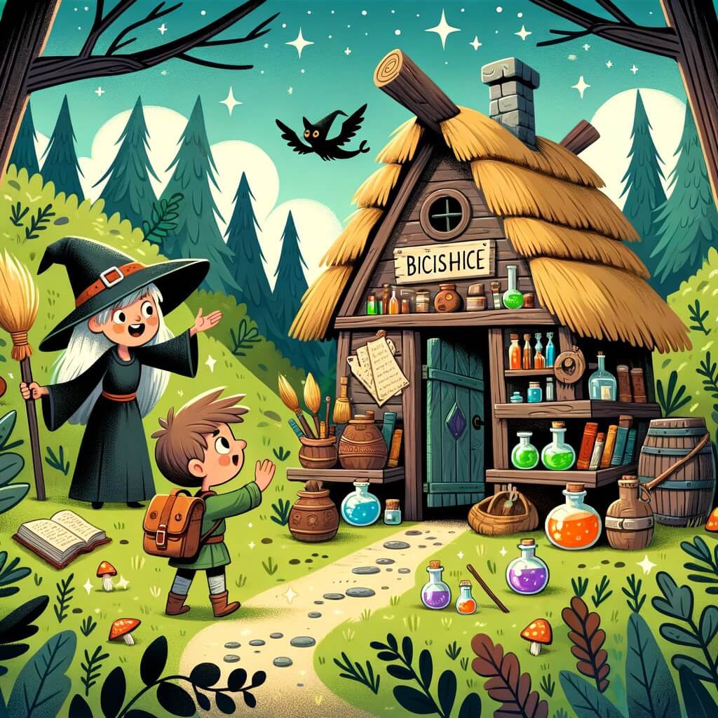 Une illustration destinée aux enfants représentant un apprenti sorcier enthousiaste, accompagné d'une sorcière excentrique, découvrant une vieille cabane abandonnée au cœur d'une forêt mystérieuse, remplie de potions, de grimoires et de balais magiques.