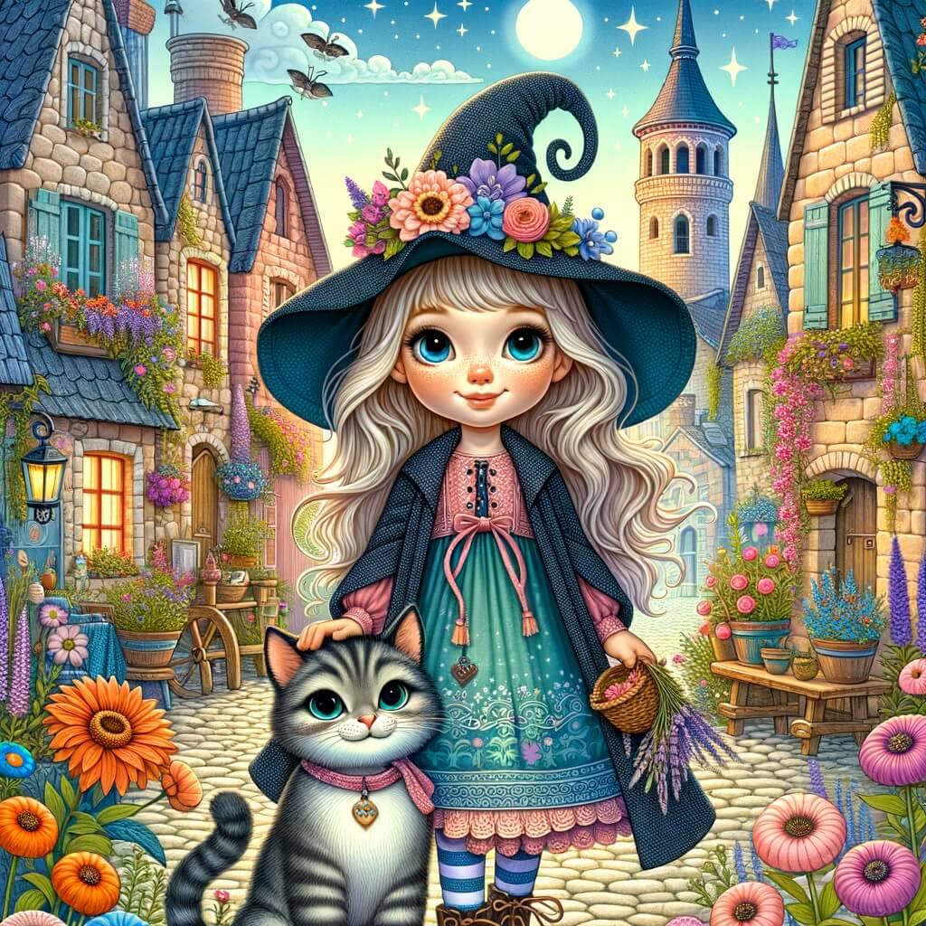 Une illustration destinée aux enfants représentant une apprentie sorcière espiègle et curieuse, accompagnée d'un chat farfelu, dans un village enchanteur aux maisons colorées et aux ruelles étroites bordées de fleurs magiques.