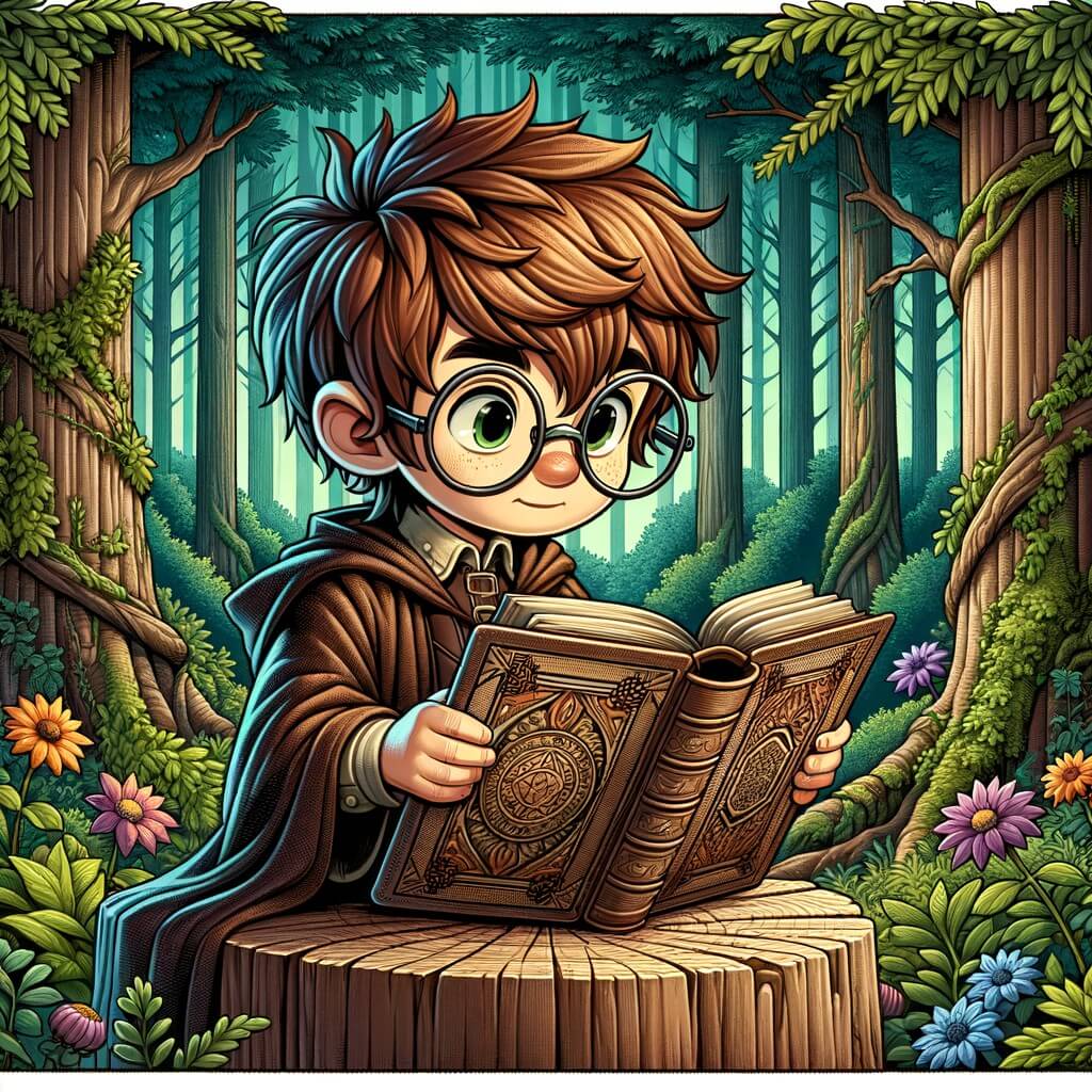 Une illustration pour enfants représentant un jeune apprenti sorcier, découvrant un grimoire mystérieux, dans un village reculé au cœur d'une forêt enchantée.