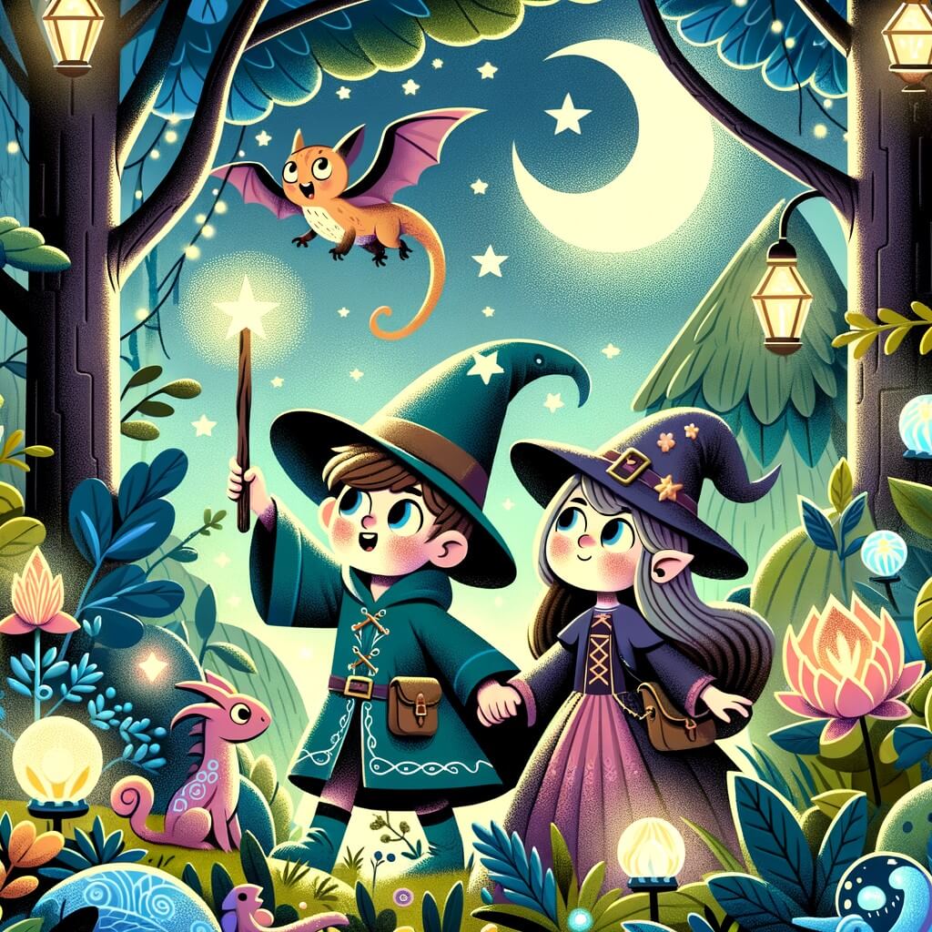 Une illustration destinée aux enfants représentant un apprenti sorcier intrépide, accompagné d'une sorcière espiègle, se retrouvant dans une forêt enchantée aux arbres touffus, aux fleurs lumineuses et aux créatures fantastiques.
