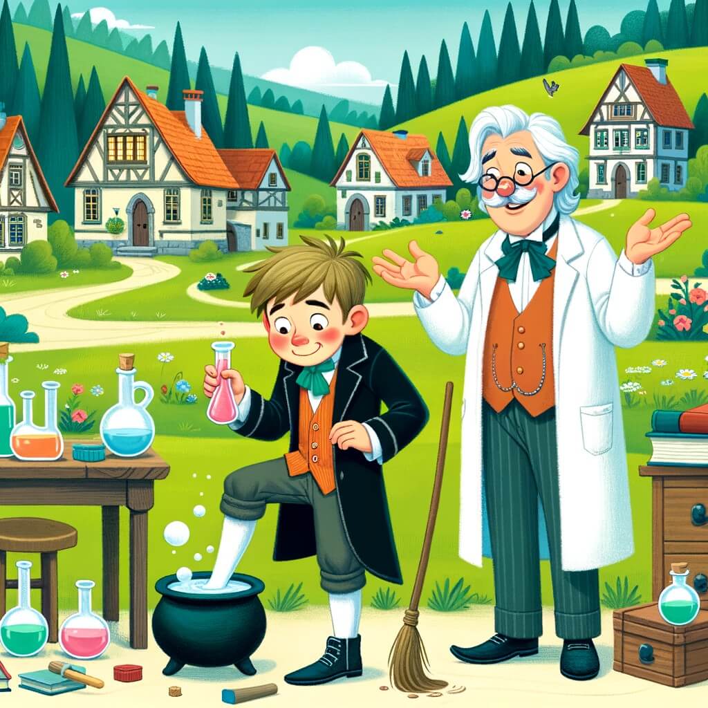 Une illustration destinée aux enfants représentant un jeune sorcier maladroit, qui prépare une potion magique ratée, accompagné d'un professeur farceur, dans un village pittoresque entouré de collines verdoyantes et de maisons colorées.