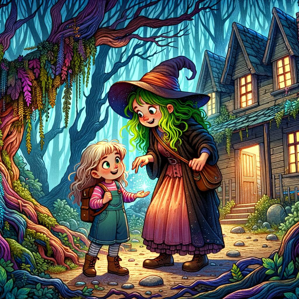 Une illustration pour enfants représentant une apprentie sorcière qui découvre la magie avec une sorcière excentrique dans une maison en ruines au cœur de la forêt.