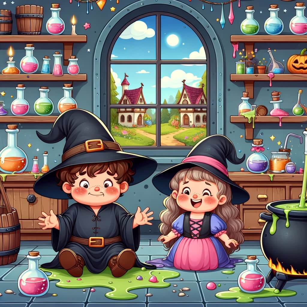 Une illustration pour enfants représentant une sorcière maladroite qui crée une potion magique ratée dans son laboratoire étrange situé dans un petit village isolé.