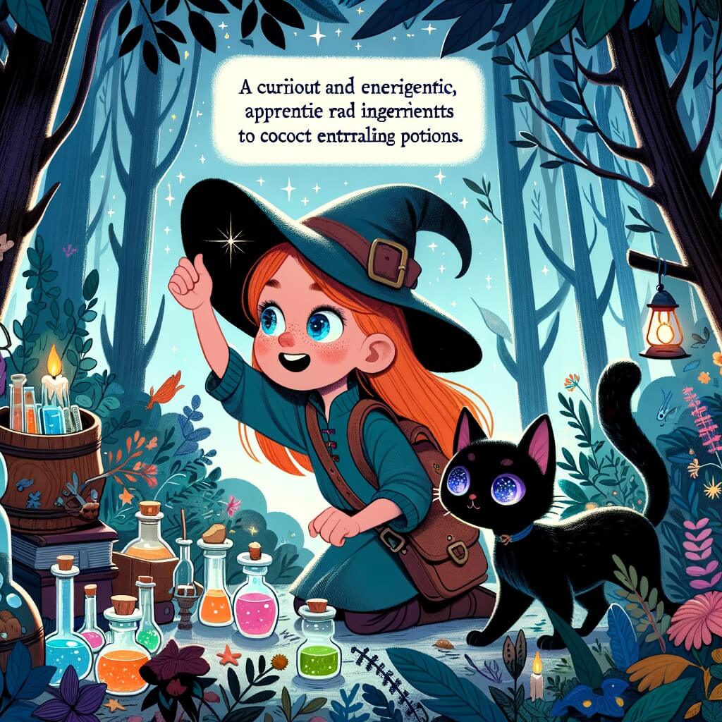 Une illustration destinée aux enfants représentant une apprentie sorcière, pleine de curiosité et d'énergie, qui se retrouve dans une forêt enchantée peuplée de créatures magiques, accompagnée de son fidèle chat noir aux yeux brillants, à la recherche d'ingrédients rares pour concocter des potions ensorcelantes.
