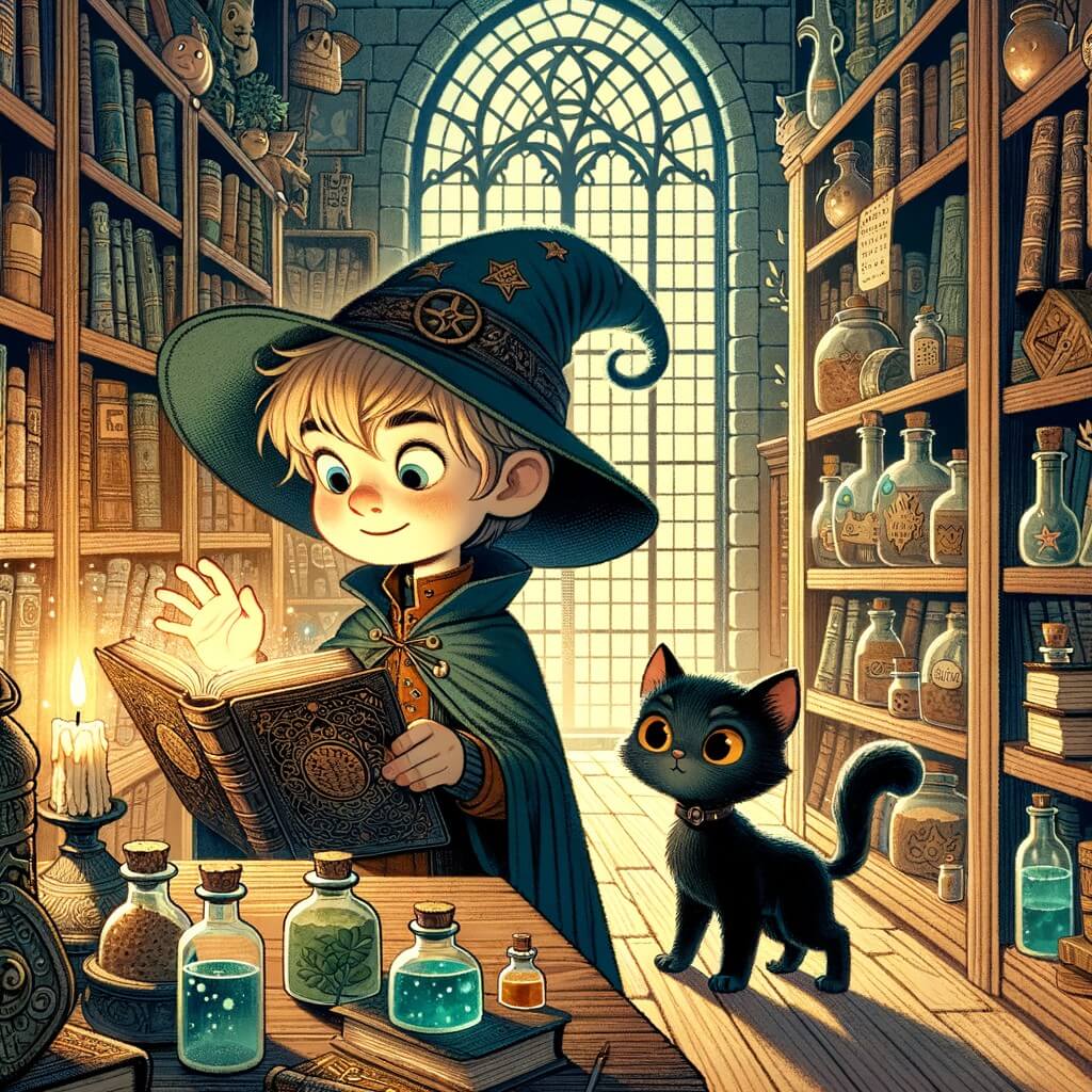 Une illustration pour enfants représentant un jeune sorcier découvrant un sortilège incroyable dans un grimoire poussiéreux, dans un jardin paisible de sa maison.