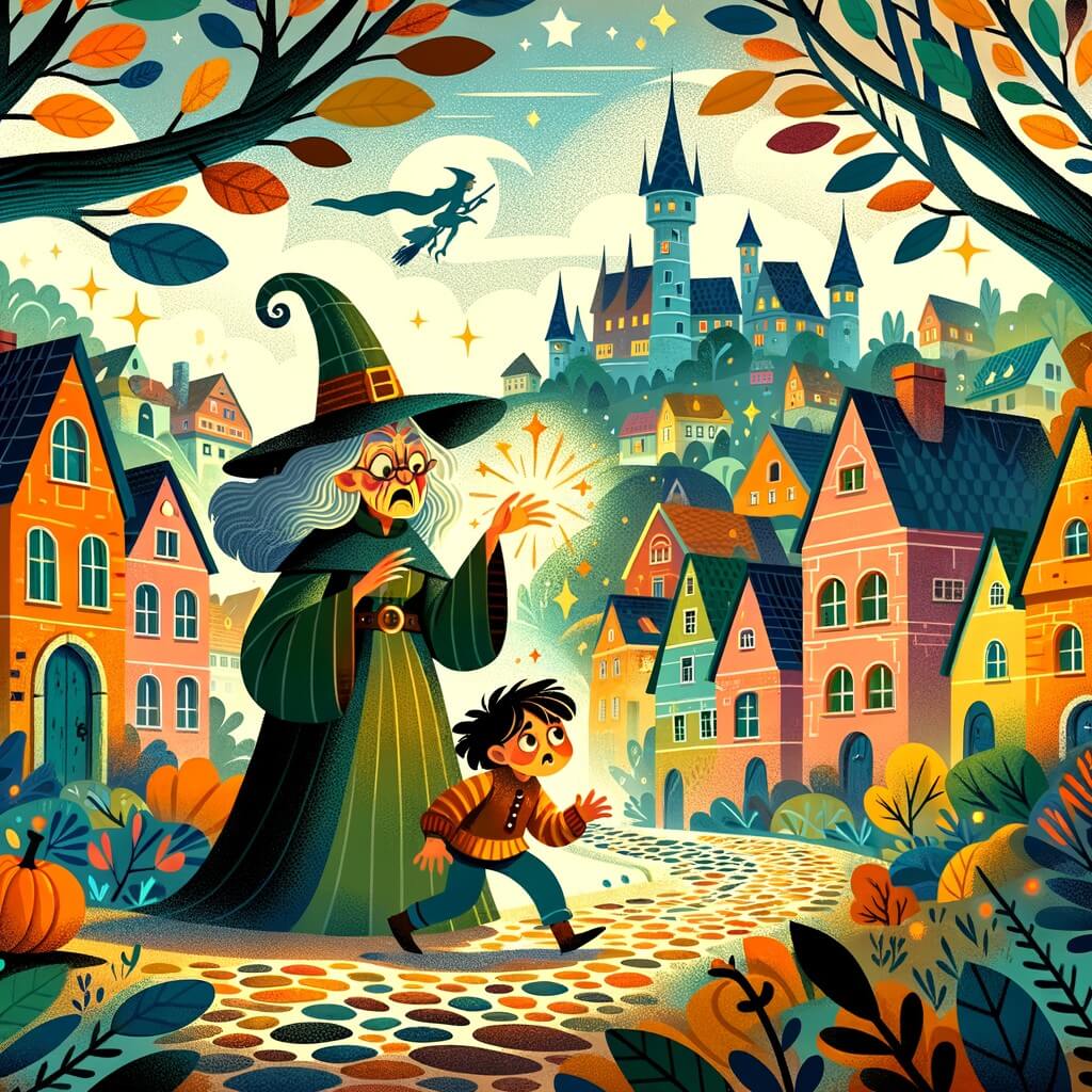 Une illustration destinée aux enfants représentant une sorcière excentrique découvrant un mystère avec l'aide d'un jeune garçon dans un village magique rempli de maisons colorées, de rues pavées sinueuses et d'arbres aux feuilles chatoyantes.