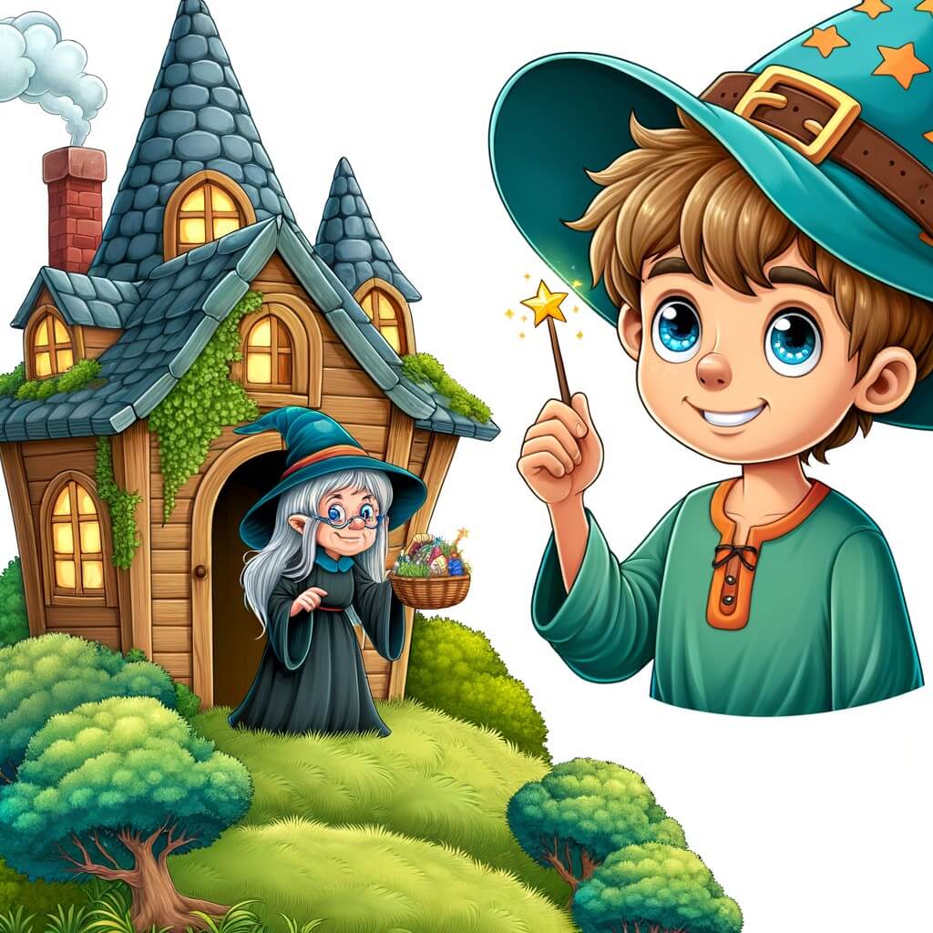 Une illustration pour enfants représentant un jeune apprenti sorcier étourdi qui transforme son chat en grenouille et organise un grand spectacle magique dans le jardin de sa maison.