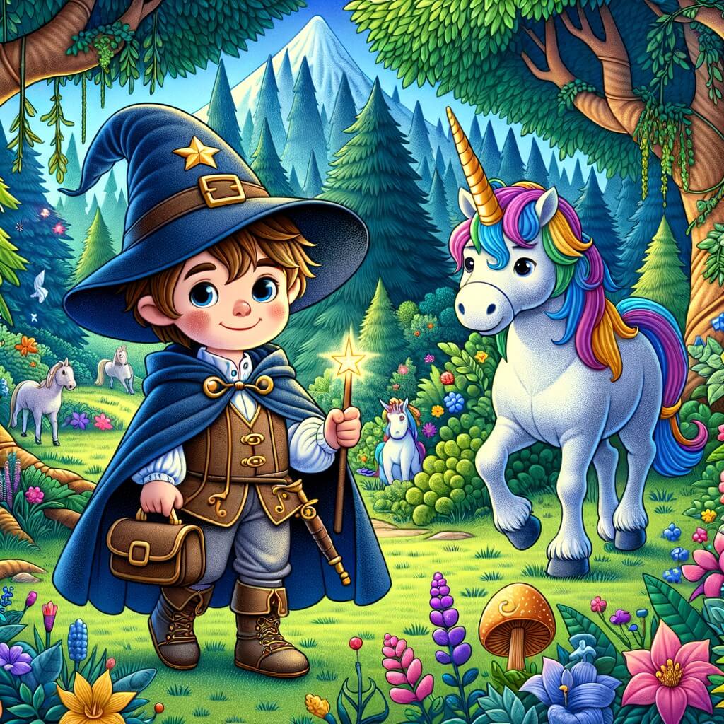Une illustration destinée aux enfants représentant un jeune apprenti sorcier se trouvant dans une forêt enchantée, accompagné d'une licorne amicale, à la recherche d'une plante rare pour son maître sorcier bougon, dans un paysage féerique rempli d'arbres majestueux, de fleurs colorées et de créatures mystiques.