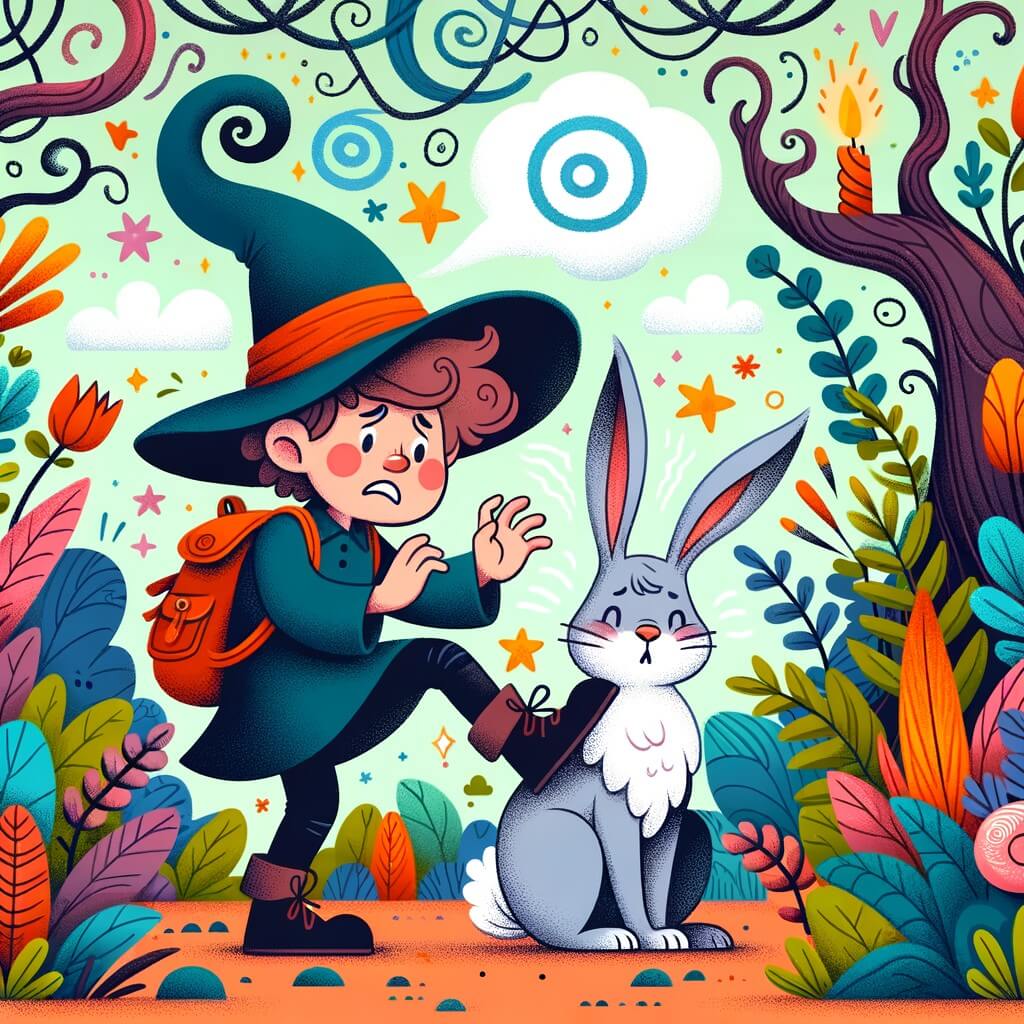 Une illustration destinée aux enfants représentant une sorcière maladroite essayant de maîtriser la magie, accompagnée d'un lapin géant, dans une forêt enchantée remplie de plantes colorées et d'arbres tordus.