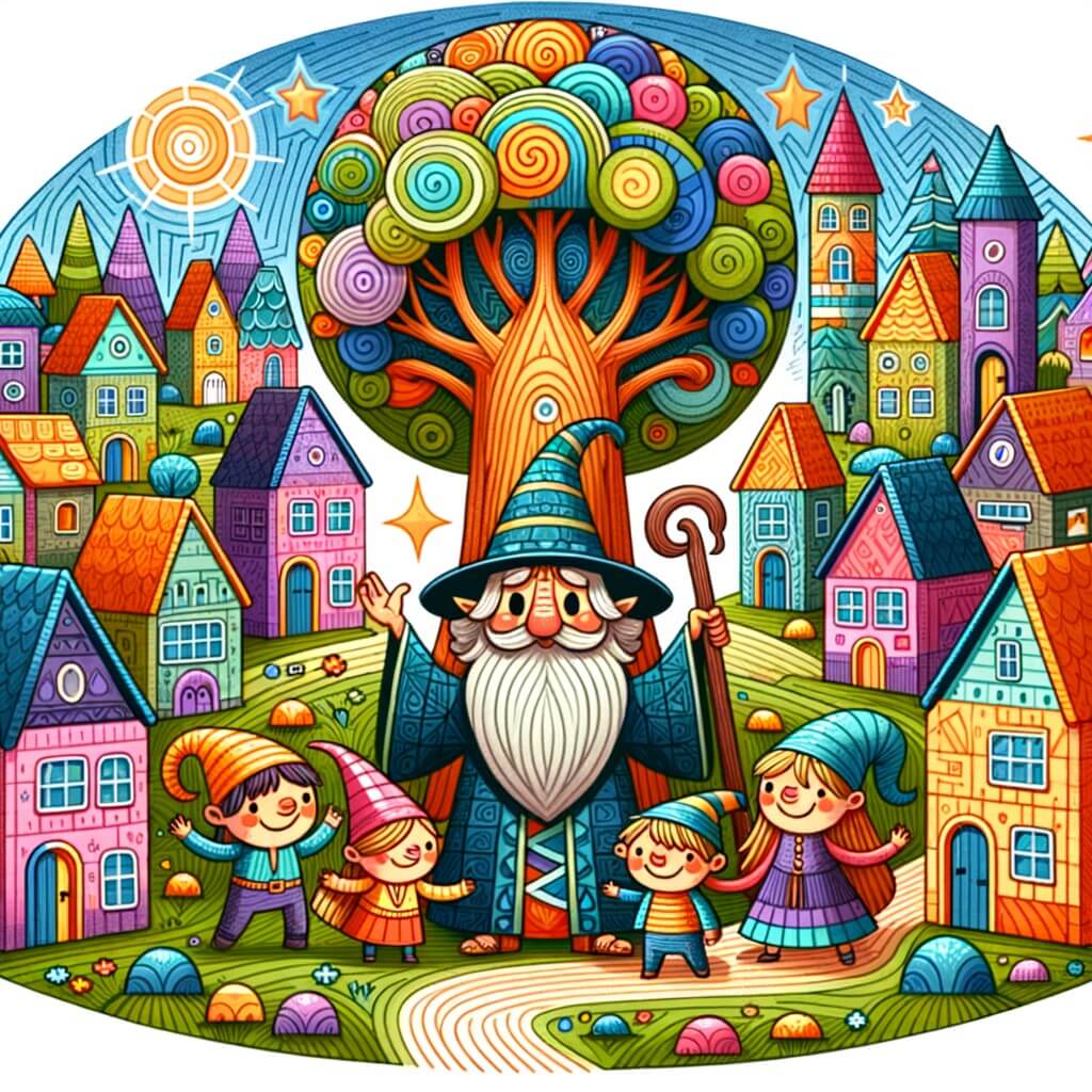 Une illustration destinée aux enfants représentant un sorcier farfelu, accompagné d'un arbre géant et de villageois joyeux, dans un petit village enclavé au milieu d'un univers fantastique rempli de couleurs vives et de maisons aux toits pointus.