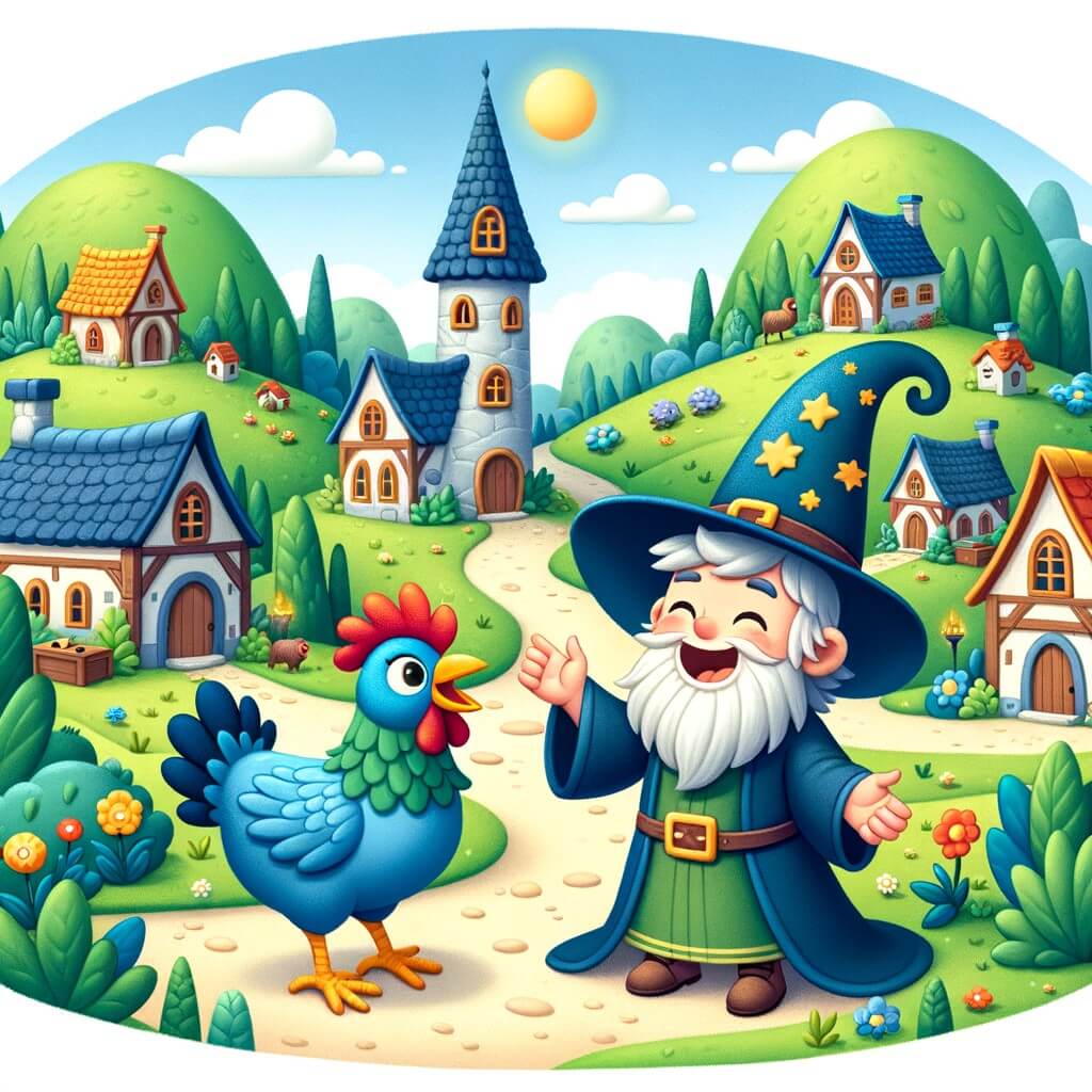 Une illustration destinée aux enfants représentant un joyeux sorcier, vivant une journée mouvementée, accompagné d'une poule bleue parlante, dans un village magique entouré de collines verdoyantes et de maisons colorées aux toits en forme de chapeau pointu.