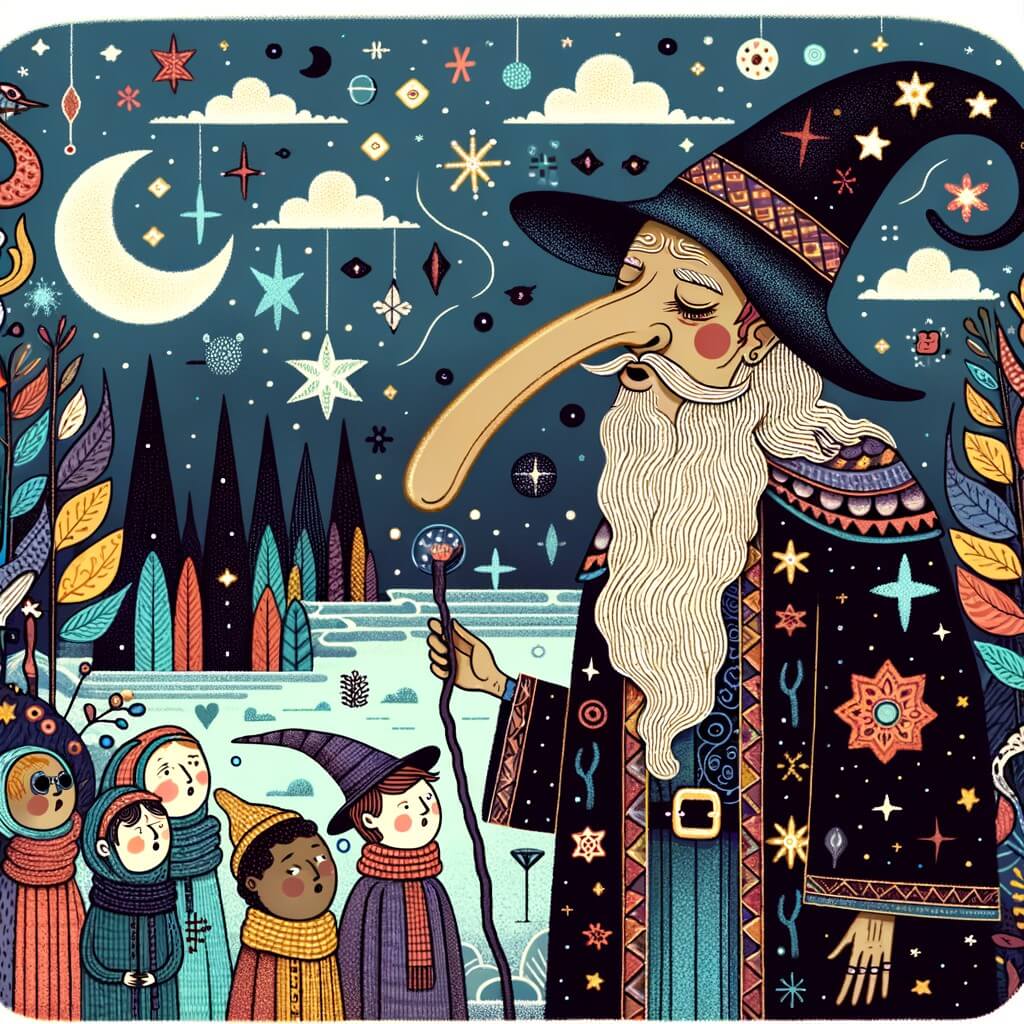 Une illustration pour enfants représentant un sorcier au nez qui grandit, confronté à une malédiction magique, dans un pays enchanté rempli de mystères.