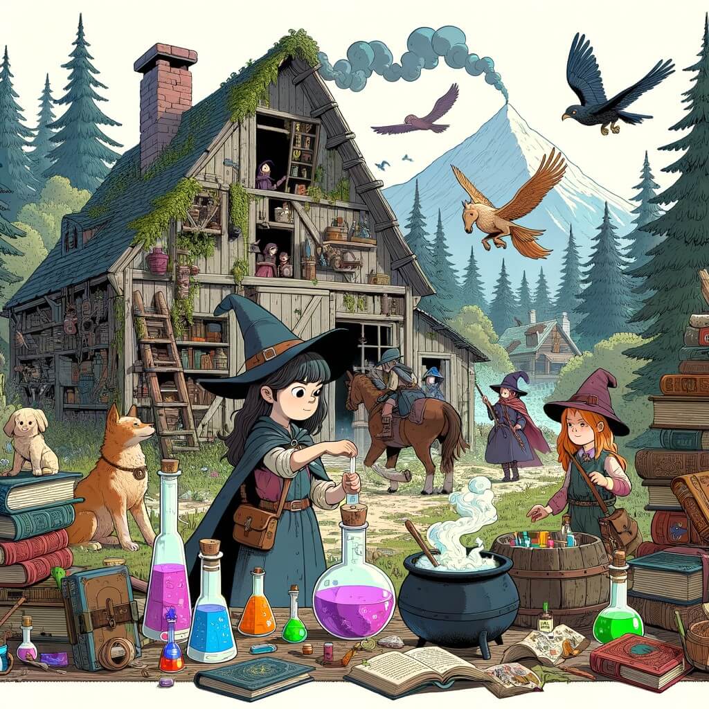 Une illustration pour enfants représentant une apprentie sorcière découvrant un ancien repaire de sorcellerie dans une grange abandonnée, déclenchant ainsi une aventure magique.