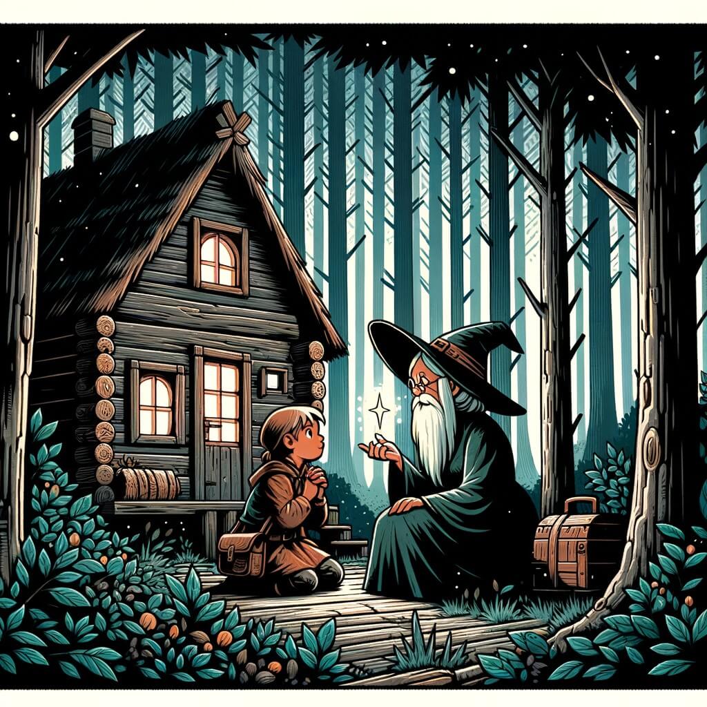 Une illustration destinée aux enfants représentant une apprentie sorcière, plongée dans une aventure magique aux côtés d'une vieille sorcière bienveillante, dans une cabane cachée au cœur d'une forêt dense et mystérieuse.