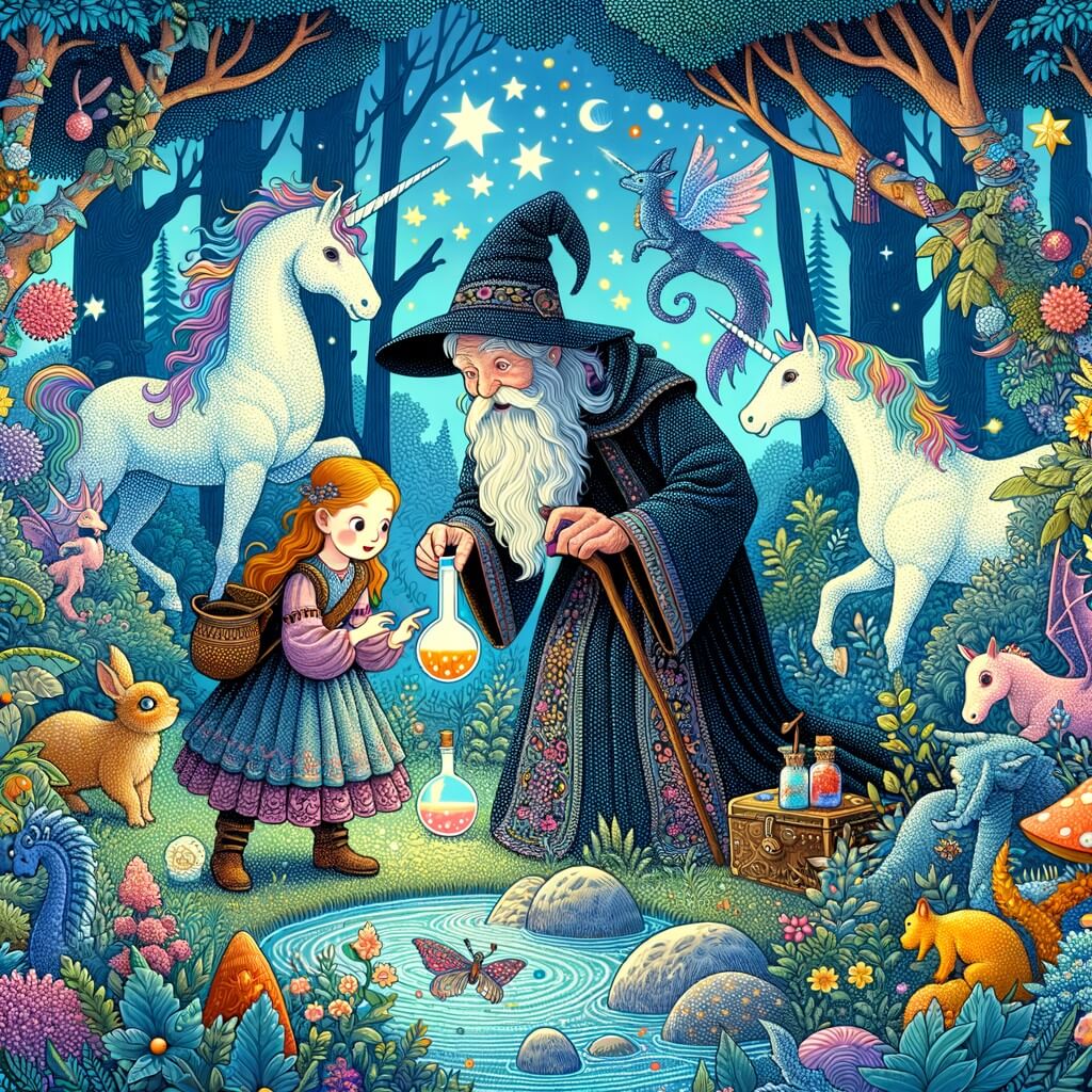 Une illustration destinée aux enfants représentant une jeune sorcière curieuse découvrant une potion magique dans une forêt enchantée, accompagnée d'un vieux sage à la longue barbe blanche, dans un monde magique rempli de licornes, de dragons, d'elfes et de fées, où les arbres sont couverts de fleurs scintillantes et les ruisseaux brillent de mille reflets colorés.