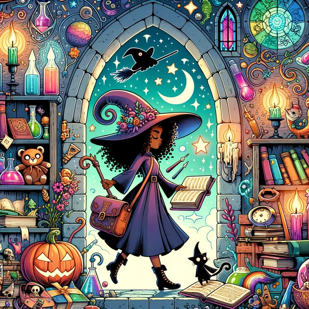 Une illustration pour enfants représentant une apprentie sorcière plongée dans une aventure magique, se déroulant dans une mystérieuse académie de sorcellerie.