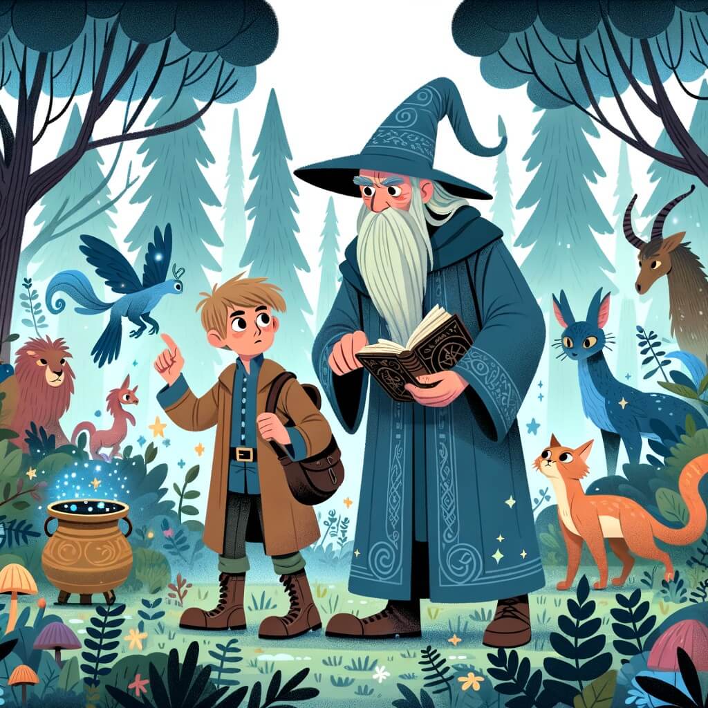 Une illustration destinée aux enfants représentant un jeune sorcier intrépide, accompagné d'un sage vieux sorcier, explorant une forêt enchantée remplie de créatures magiques, à la recherche d'un mystérieux grimoire.