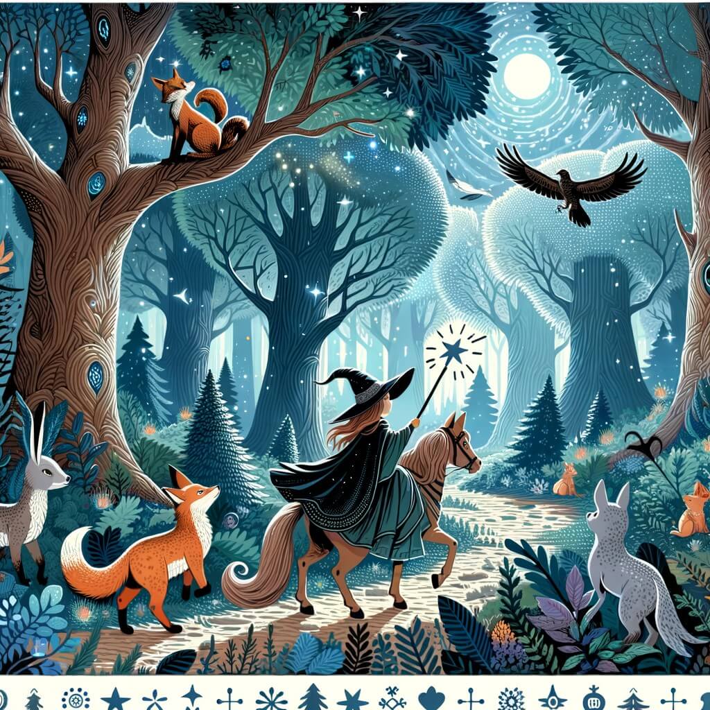 Une illustration pour enfants représentant une jeune sorcière découvrant un messager mystérieux dans sa cabane isolée dans la forêt.