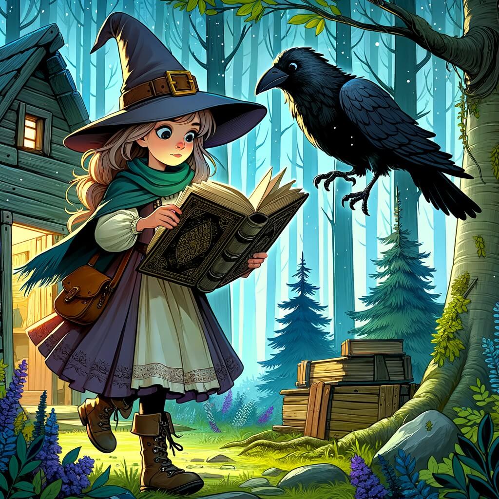 Une illustration destinée aux enfants représentant une jeune sorcière audacieuse découvrant un vieux livre de magie dans une cabane abandonnée, accompagnée de son fidèle corbeau, dans une forêt mystérieuse où les arbres semblent danser avec la brise enchantée.