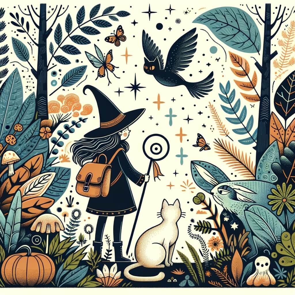 Une illustration destinée aux enfants représentant une sorcière solitaire, en quête de ses pouvoirs magiques perdus, accompagnée d'un chat ailé, dans une forêt enchantée remplie de plantes rares et de créatures magiques.