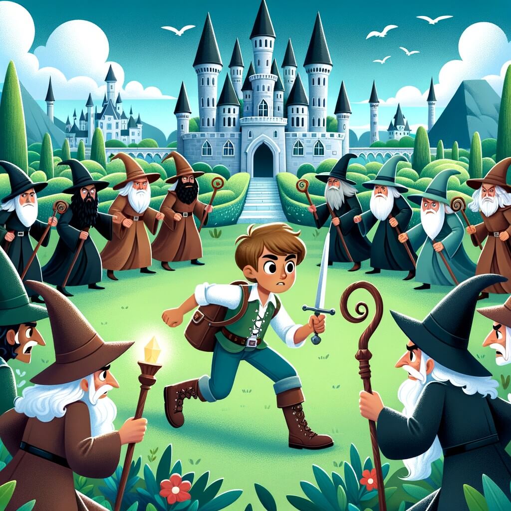 Une illustration destinée aux enfants représentant un jeune sorcier plein de curiosité et de magie, faisant face à une bataille épique contre des sorciers maléfiques, dans un majestueux château de pierre entouré de tours pointues et de jardins verdoyants.