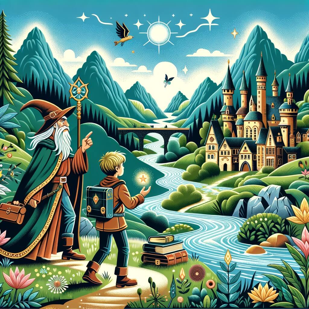 Une illustration pour enfants représentant un jeune sorcier découvrant un grimoire magique dans une cabane cachée au cœur d'une forêt enchantée.