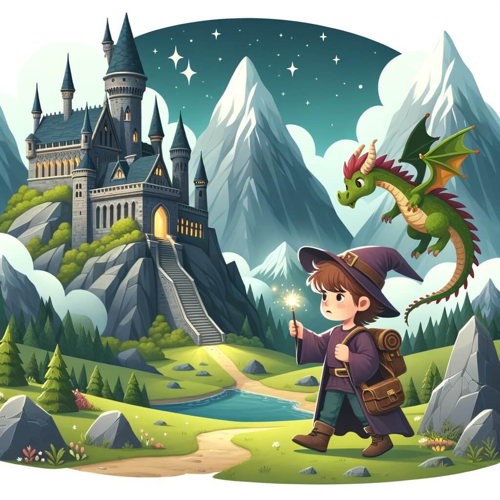 Une illustration destinée aux enfants représentant un jeune sorcier découvrant ses pouvoirs magiques dans un château enchanté caché au sommet des montagnes, accompagné d'un fidèle dragon gardien.