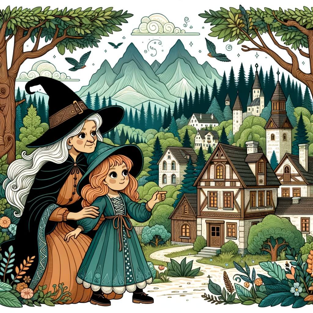 Une illustration destinée aux enfants représentant une apprentie sorcière découvrant un monde magique avec l'aide d'une vieille sorcière, dans un village entouré de forêts verdoyantes et de montagnes majestueuses.