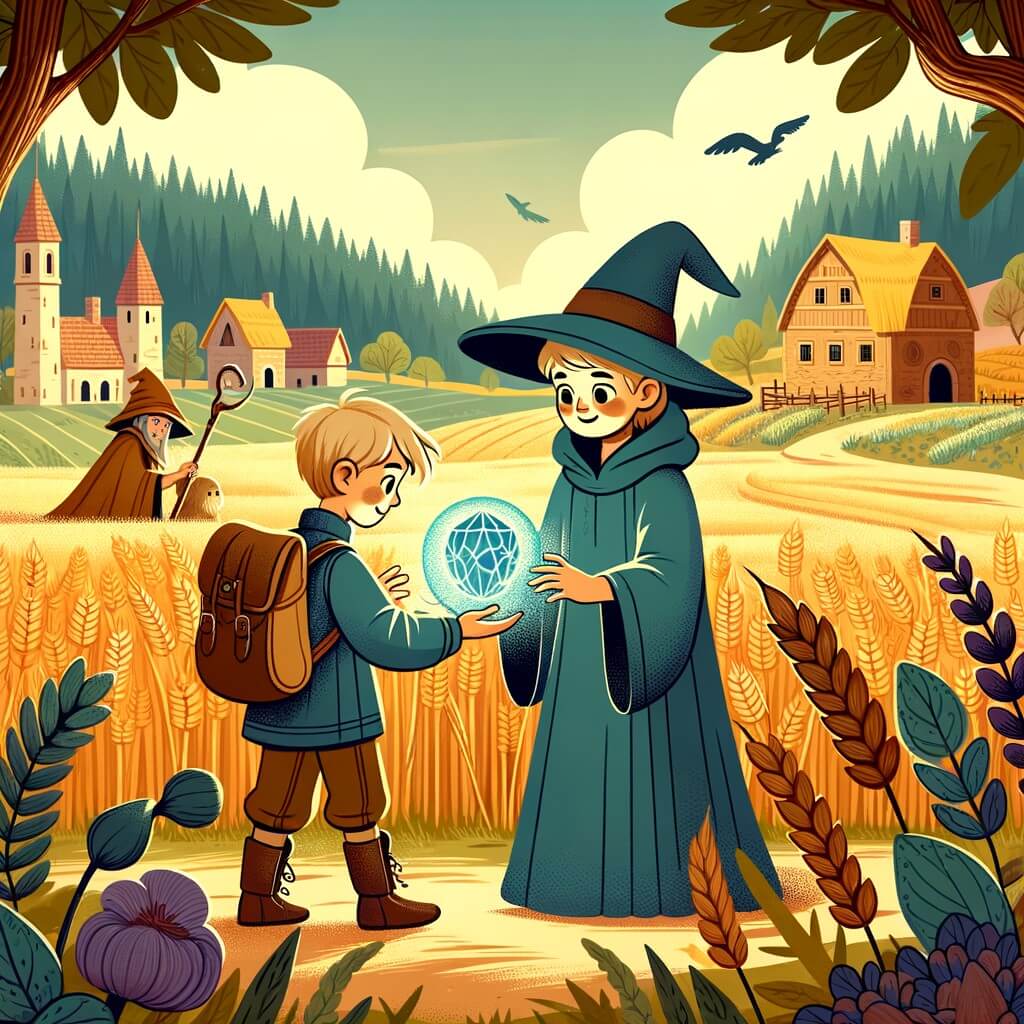 Une illustration destinée aux enfants représentant un jeune apprenti sorcier, découvrant ses pouvoirs magiques, accompagné d'une sorcière bienveillante, dans un village entouré de champs de blé et de fermes, avec une forêt mystérieuse où se trouve une boule de cristal lumineuse.