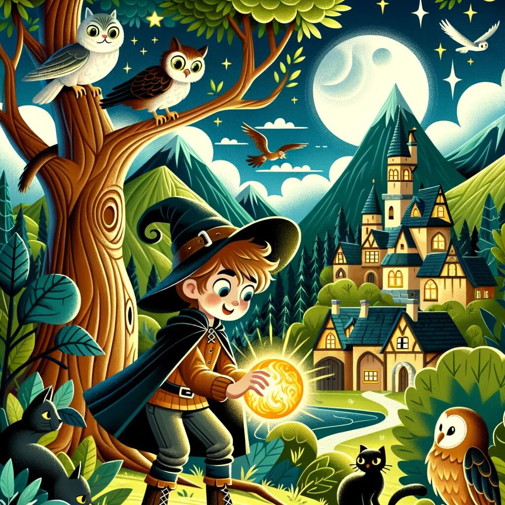 Une illustration destinée aux enfants représentant un jeune sorcier découvrant une boule de feu magique dans une mystérieuse grotte cachée derrière un majestueux arbre, avec comme compagnons un chat noir et une chouette, dans un village entouré de montagnes verdoyantes et d'une forêt enchantée.