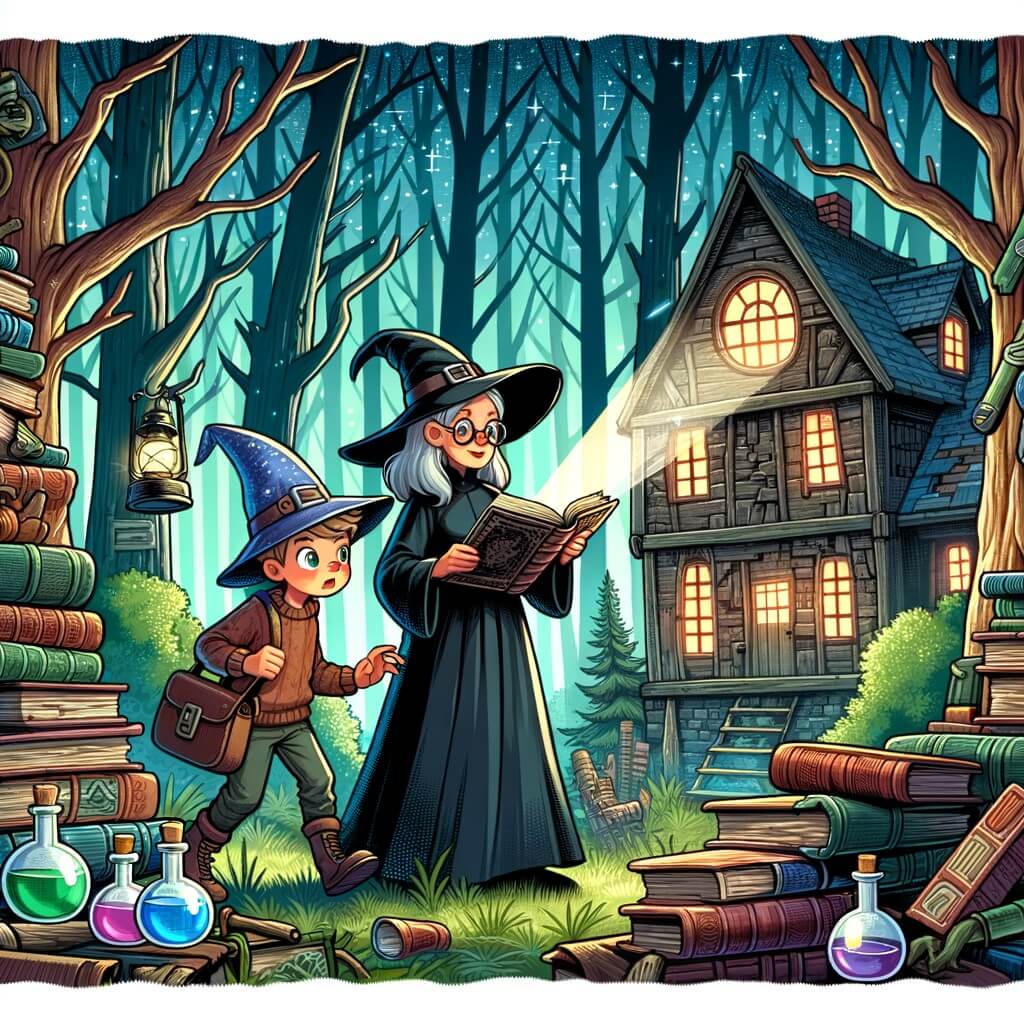 Une illustration pour enfants représentant un jeune sorcier découvrant une vieille maison abandonnée remplie de livres et de potions, dans les bois près de chez lui.